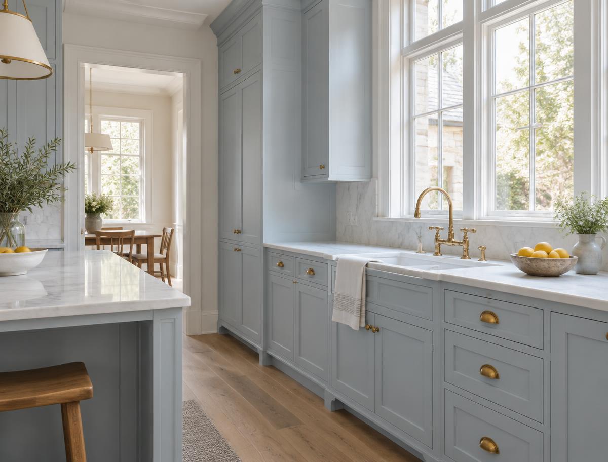 Luxury kitchen with newly painted pastel blue cabinets, marble counters, and brass hardware