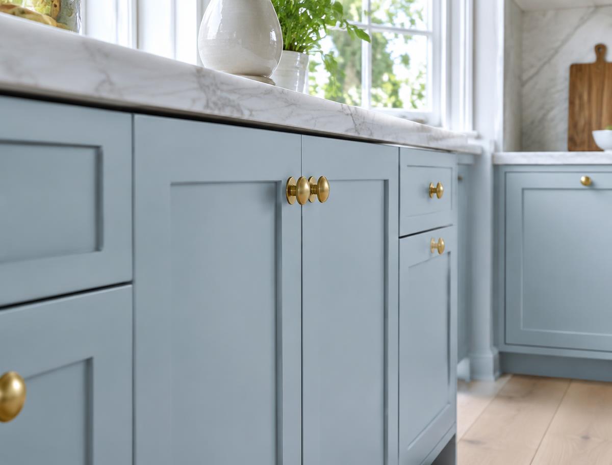 Newly painted soft blue kitchen cabinets with brass hardware