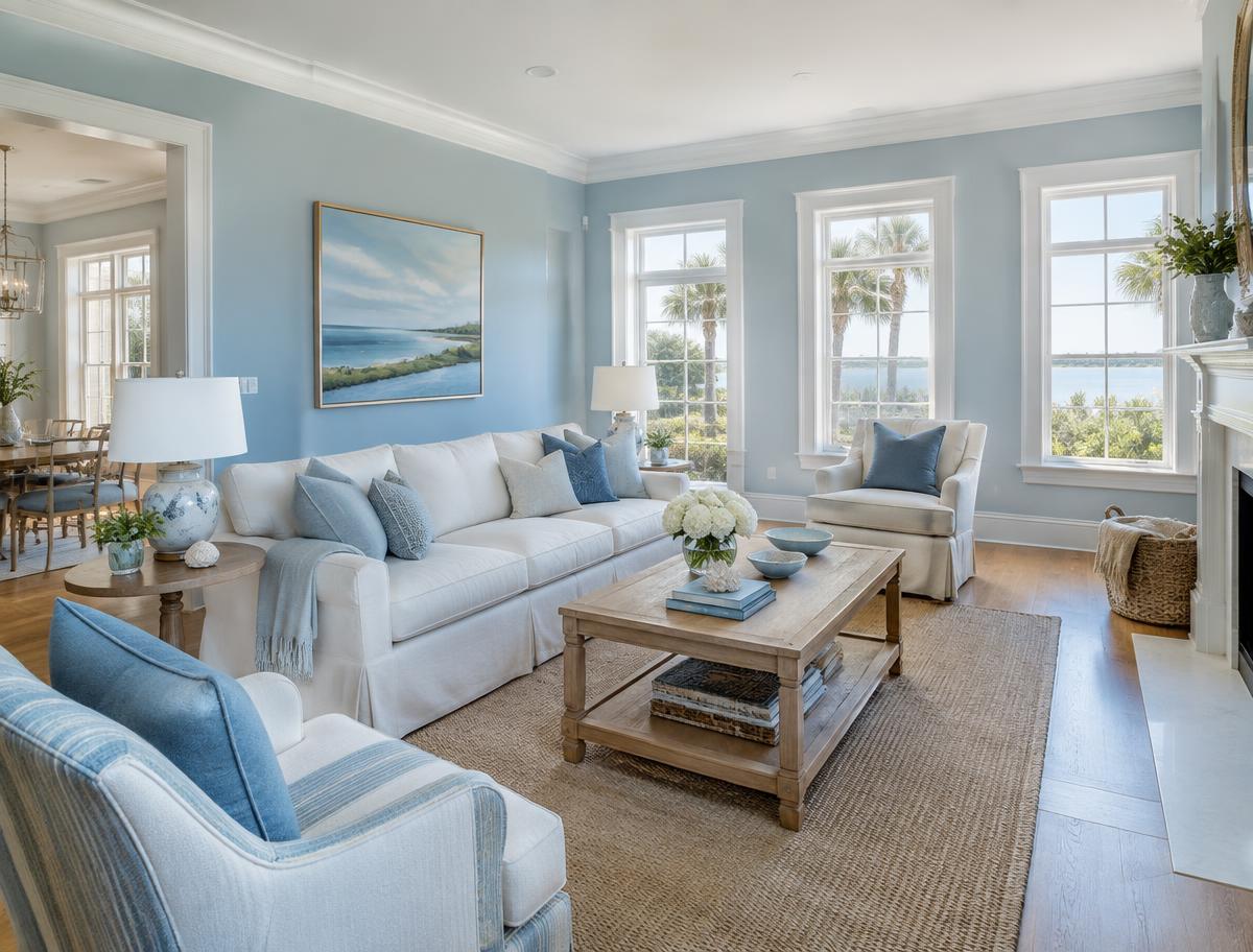 Freshly painted pastel blue living room with crisp white trim