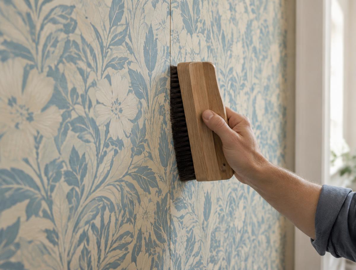 Hand smoothing a freshly hung panel of patterned wallpaper