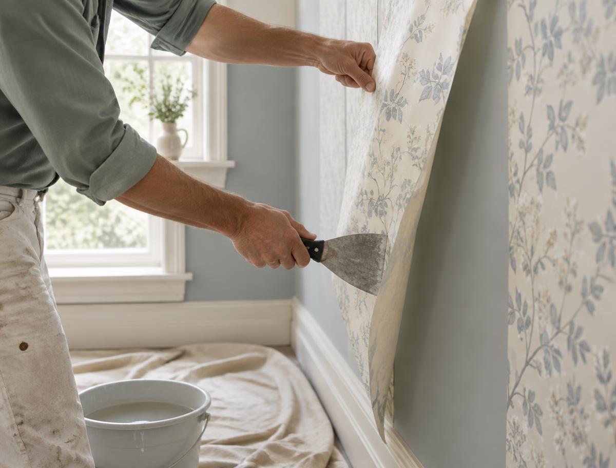 Hand scraping a strip of patterned wallpaper from a residential wall, revealing a smooth pastel blue-grey surface beneath